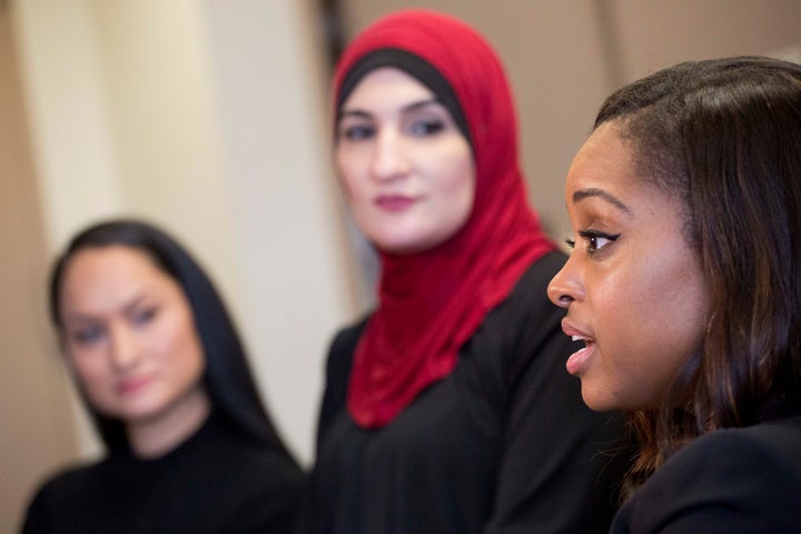 Tamika Mallory, right, at an interview in New York on Jan. 9, 2017, with her fellow Women’s March co-chairs Carmen Perez, left, and Linda Sarsour.