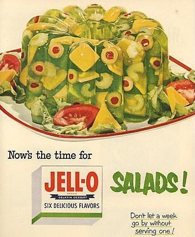Nothing was safe from suspension in lime Jell-O, <a href="https://www.huffpost.com/entry/jello-salad_n_1878210" target="_blank" role="link" class=" js-entry-link cet-internal-link" data-vars-item-name="as shown in this 1952 ad" data-vars-item-type="text" data-vars-unit-name="5c3cd328e4b01c93e00c60f3" data-vars-unit-type="buzz_body" data-vars-target-content-id="https://www.huffpost.com/entry/jello-salad_n_1878210" data-vars-target-content-type="buzz" data-vars-type="web_internal_link" data-vars-subunit-name="article_body" data-vars-subunit-type="component" data-vars-position-in-subunit="1">as shown in this 1952 ad</a>.