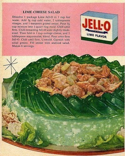 Cottage cheese, mayonnaise and seafood salad all find their way into lime Jell-O in this 1954 ad.