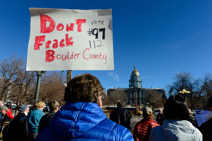 Anti-fracking protesters in Colorado rally earlier this month for a moratorium on new oil and gas wells.