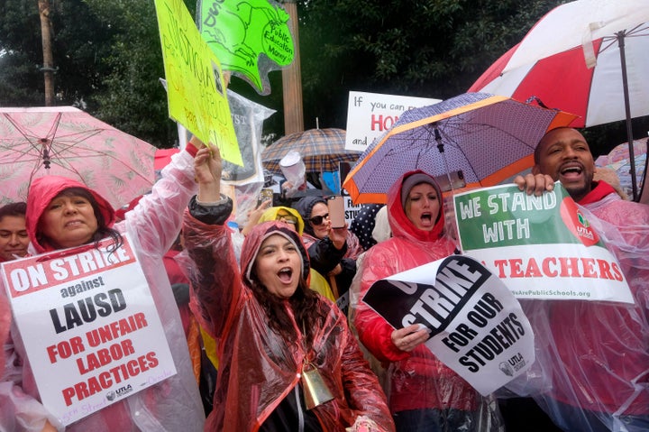 Teachers rallied at City Hall in Los Angeles on Monday.