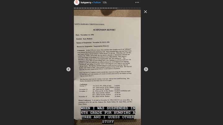 Katy shared this school letter on Instagram