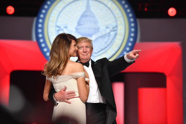 President Donald Trump dances with first lady Melania Trump at one of the inaugural balls in Washington on Jan. 20, 2017.