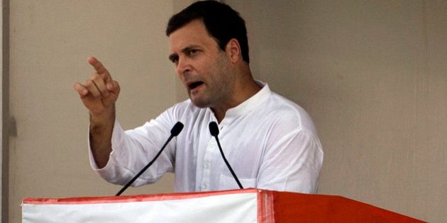 India's opposition Congress party Vice President Rahul Gandhi speaks during a farmers rally in New Delhi, India, Sunday, Sept. 20, 2015. The Congress party held the rally to celebrate the government withdrawing its version of a bill to acquire farmland for business, which they called anti-farmer, because of pressure from farmers and the party and said they would fight any attempt to bring back the bill. (AP Photo/Tsering Topgyal)
