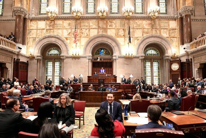 Senate Majority Leader Andrea Stewart-Cousins, D-Yonkers, speaks to members of the state Senate during opening day of the 201