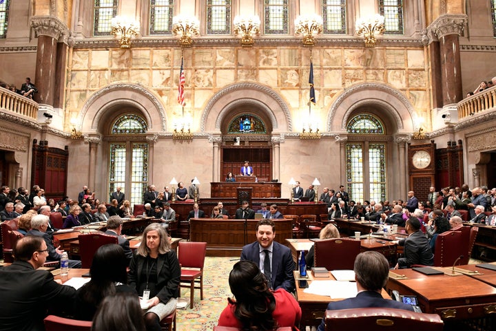 Senate Majority Leader Andrea Stewart-Cousins, D-Yonkers, speaks to members of the state Senate during opening day of the 2019 legislative session in the Senate Chamber at the Capitol on Wednesday, January 9.