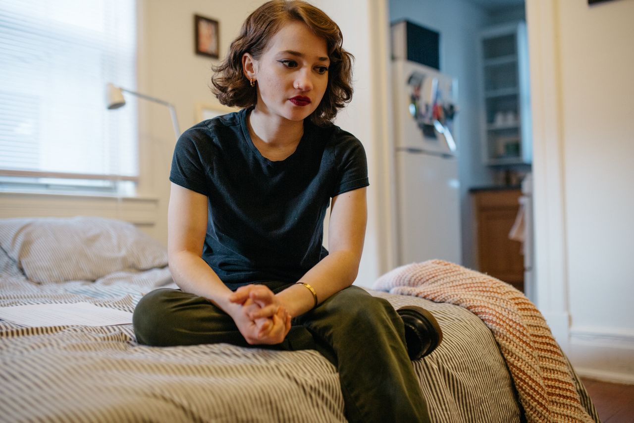 Morgan McCaul, age 19, inside her apartment in Ann Arbor Michigan. Morgan is studying Political Science Student at the University of Michigan.
