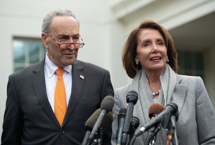 Speaker of the House Nancy Pelosi and Senate Democratic Leader Chuck Schumer speak to the media following a meeting with President Donald Trump about the partial government shutdown at the White House in Washington, DC, Jan. 9, 2019. 