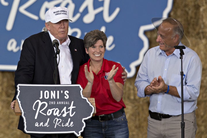 As the GOP nominee, Donald Trump shares a stage with Sen. Joni Ernst (R-Iowa) and Rep. Steve King (R-Iowa) at a fundraising event hosted by Ernst in Des Moines, Iowa, on Aug. 27, 2016. King now faces criticism in Congress for his white supremacism.