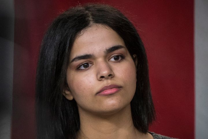 Rahaf Mohammed makes a public statement in Toronto.