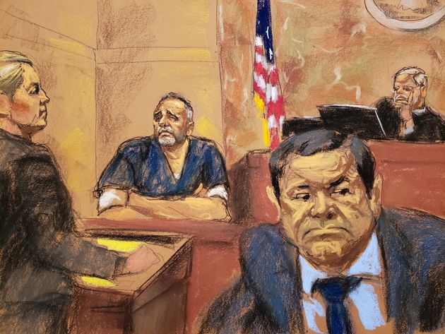 Alex Cifuentes (second left), a close associate of the accused Mexican drug lord Joaquin 'El Chapo' Guzman, (right, front) is seen testifying in this courtroom sketch in Brooklyn federal court in New York