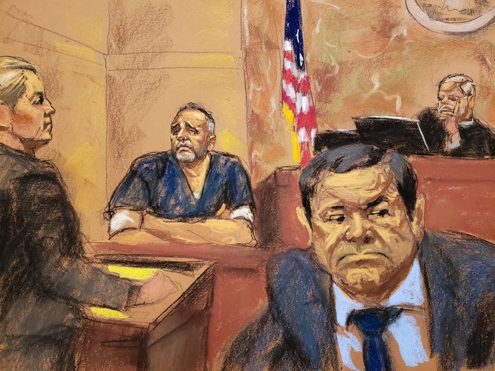 Alex Cifuentes (second left), a close associate of the accused Mexican drug lord Joaquin 'El Chapo' Guzman, (right, front) is seen testifying in this courtroom sketch in Brooklyn federal court in New York