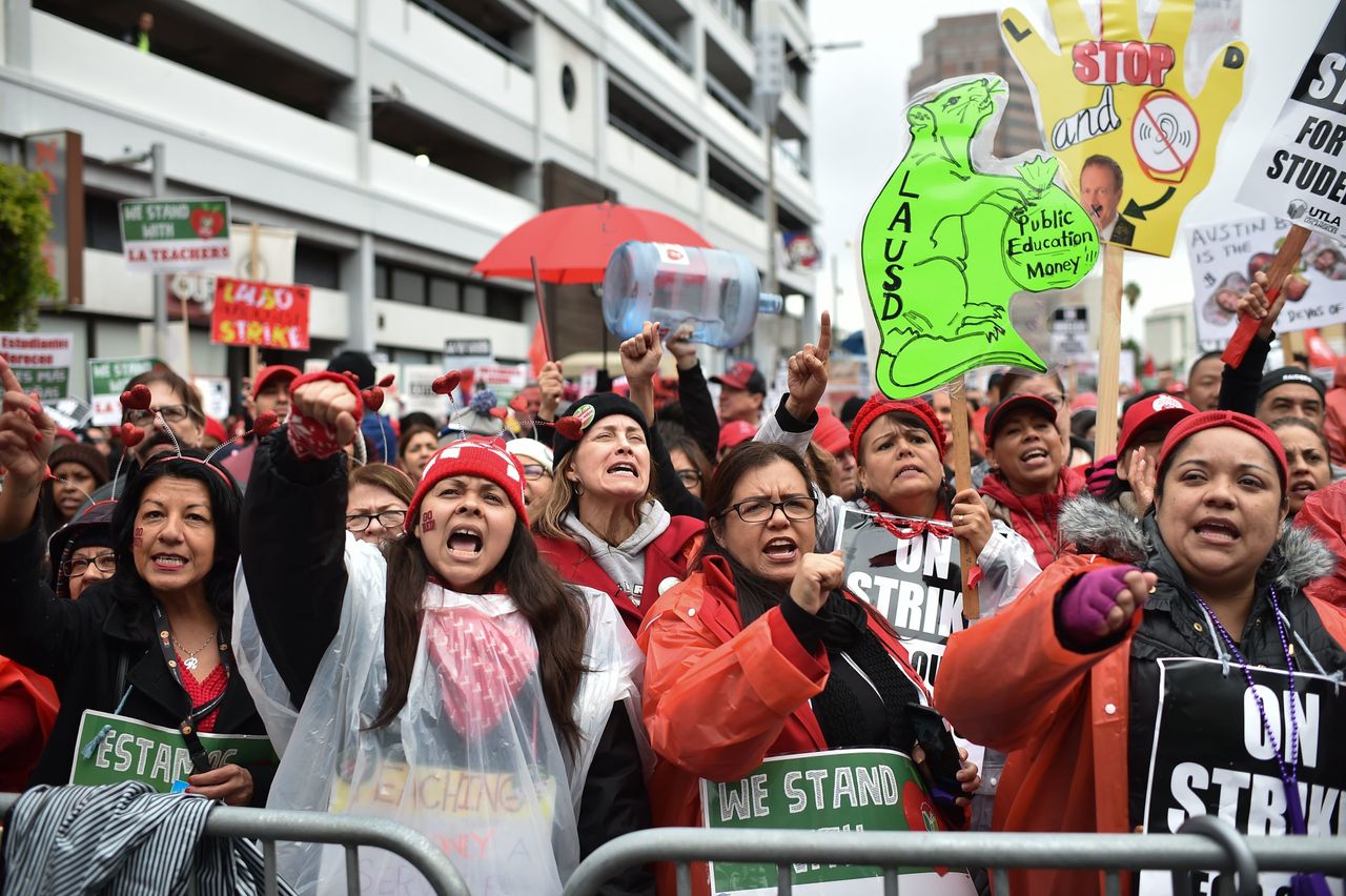 Striking teachers and their supporters rally in downtown Los Angeles on Jan. 15, 2019, the second day of the teachers strike.