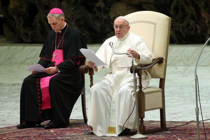 Pope Francis speaks during his weekly audience at the Paul VI Hall on January 16, 2019 in Vatican City, Vatican.