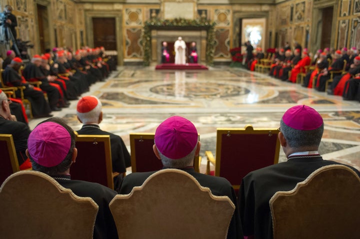 Cardinals and bishops meet with Pope Francis at the Clementina Hall on December 21, 2018 in Vatican City, Vatican. 