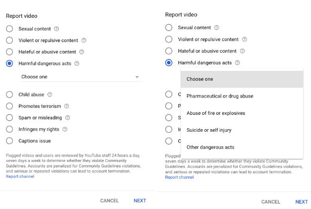 Users can report dangerous content directly beneath the videos.