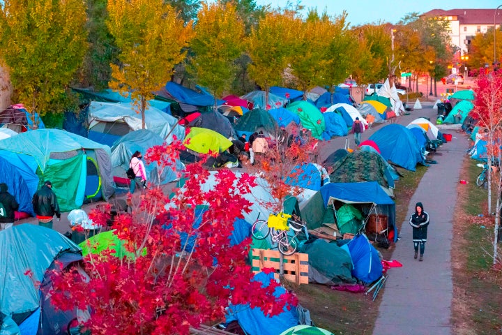 A tent city for homeless residents along Cedar and Hiawatha Avenues in Minneapolis in early August 2018.