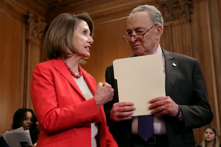 Speaker Nancy Pelosi and Senate Minority Leader Chuck Schumer introduce the Raise The Wage Act at the U.S. Capitol on Jan. 16.