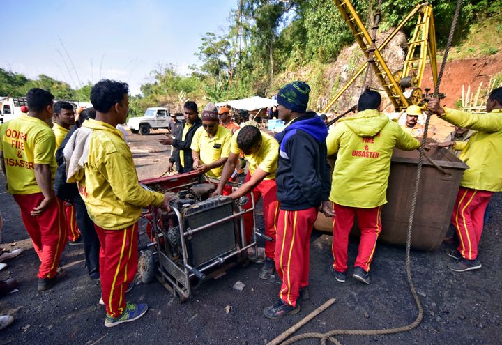 Rescuers prepare a water pump at the site of a coal mine that collapsed in Ksan, in Meghalaya, 29 December 2018.