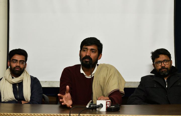 Ex-ABVP member Pradeep Narwal (C) speaks to the media in the presence of ex-ABVP member Jatin Goraya (L) during a press conference, at Women's Press Club, Windsor Place on 16 January 2019 in New Delhi.