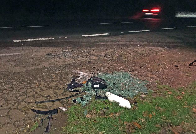 Debris seen on the road near Sandringham where Prince Philip was earlier involved in a car accident.