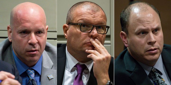 This combination of Nov. 28, 2018 file photos shows former Chicago Police officer Joseph Walsh, left, former detective David March and former officer Thomas Gaffney during a bench trial before Judge Domenica A. Stephenson at Leighton Criminal Court Building in Chicago. Cook County Judge Domenica Stephenson is set to announce a verdict Thursday, Jan. 17, 2019, for the three Chicago police officers accused of lying in their reports to protect the white officer who fatally shot black teenager Laquan McDonald. (Zbigniew Bzdak/Chicago Tribune via AP, Pool, File)