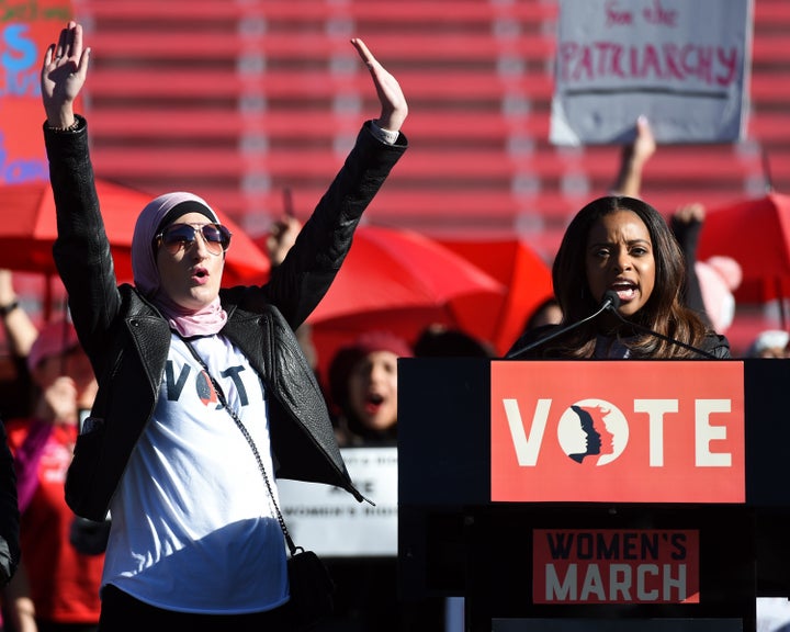 Women's March leaders Linda Sarsour, left, and Tamika Mallory have struggled to defend the national organization against allegations of anti-Semitism. 