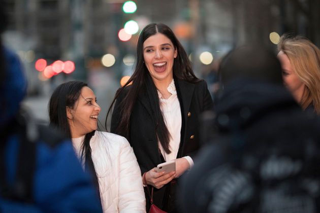 Emma Coronel Aispuro, centre, pictured leaving court after attending the trial of her husband Joaquin 'El Chapo' Guzman