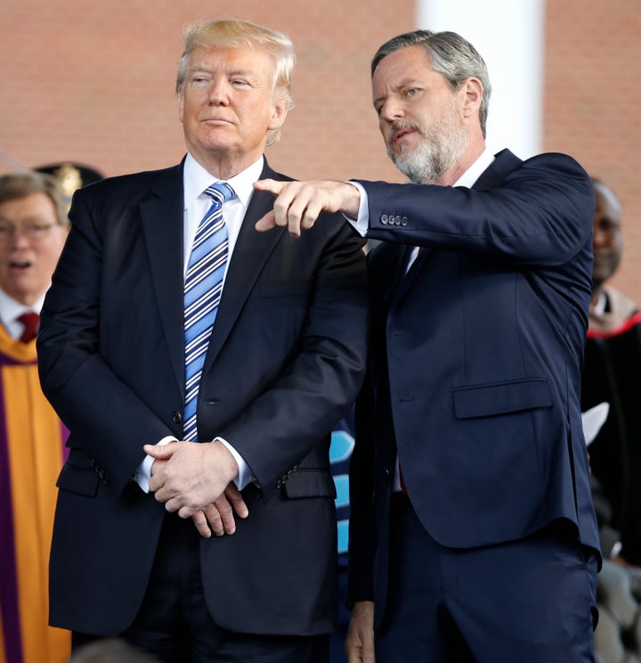 Trump and Falwell at the school’s 2017 commencement. Falwell was among the first evangelical leaders to endorse Trump, in January 2016.