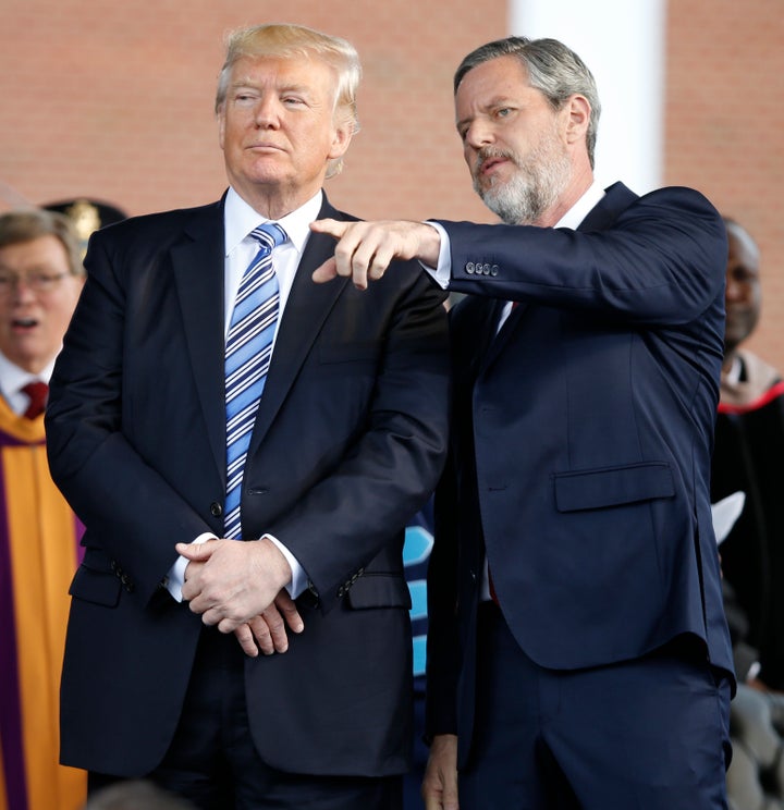 Trump and Falwell at the school’s 2017 commencement. Falwell was among the first evangelical leaders to endorse Trump, in January 2016. 