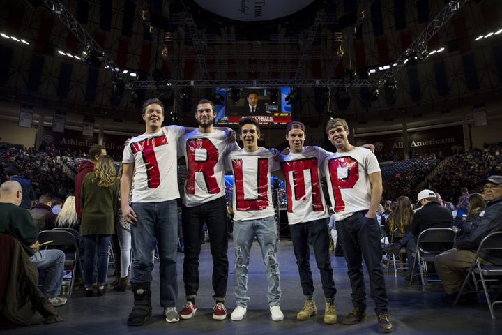 Liberty University students wear T-shirts spelling the president's name before his appearance at a school convocation, Jan. 18, 2016.