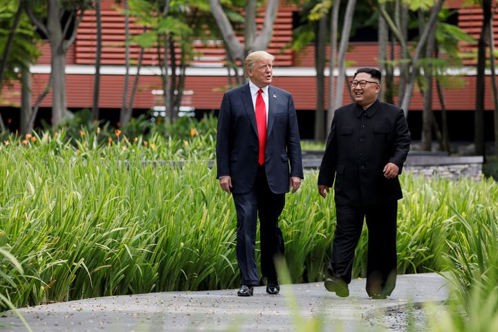 U.S. President Donald Trump and North Korea's leader Kim Jong Un during their summit at the Capella Hotel on the resort island of Sentosa, Singapore in June 2018