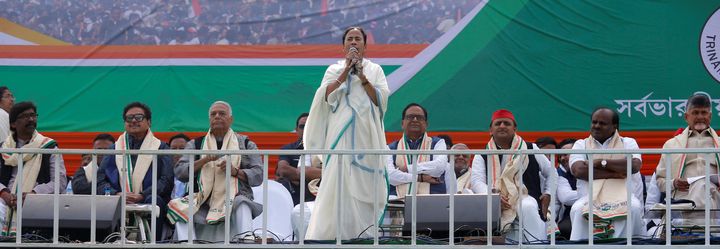 Mamata Banerjee speaking during "United India" rally attended by the leaders of main opposition parties on Saturday