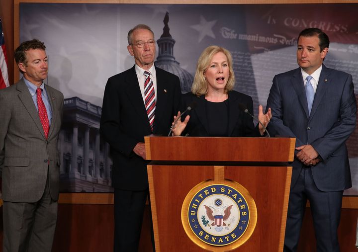 Gillibrand, surrounded by Republican senators Rand Paul of Kentucky, Chuck Grassley of Iowa and Ted Cruz of Texas, speaks in 2013 about legislation on dealing with sexual assault in the military. She has touted her ability to work with conservatives.