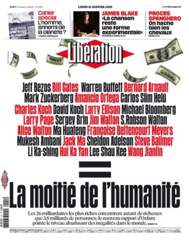 Το εξώφυλλο της γαλλικής Liberation, παραθέτει το ονόματα των 26 πιο πλούσιων ανθρώπων με τίτλο η "Η μισή ανθρωπότητα".