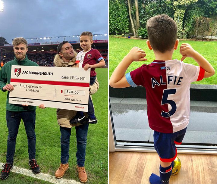 Left: Alfie and his dad Roger hand over £340 to Bournemouth Foodbank.Right: Alfie with his new split football shirt.