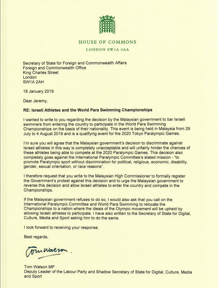Tom Watson's letter to foreign secretary Jeremy Hunt 