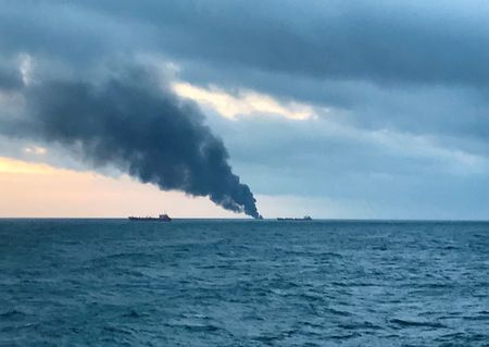 Smoke rises from a fire at a ship in the Kerch Strait near Crimea January 21, 2019.