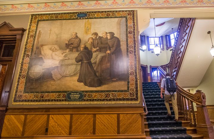 This Nov. 29, 2017 photo shows a murals of Christopher Columbus at Notre Dame.