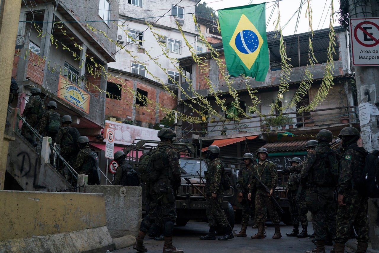 Soldiers patrol a neighborhood in the Mangueira favela in Rio during an operation in 2018.