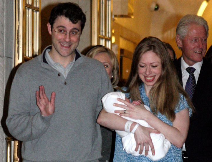 Clinton and Mezvinsky leave Manhattan's Lenox Hill hospital with her newborn baby, Charlotte, on Monday, Sept. 29, 2014, alongside former Secretary of State Hillary Clinton and former President Bill Clinton.