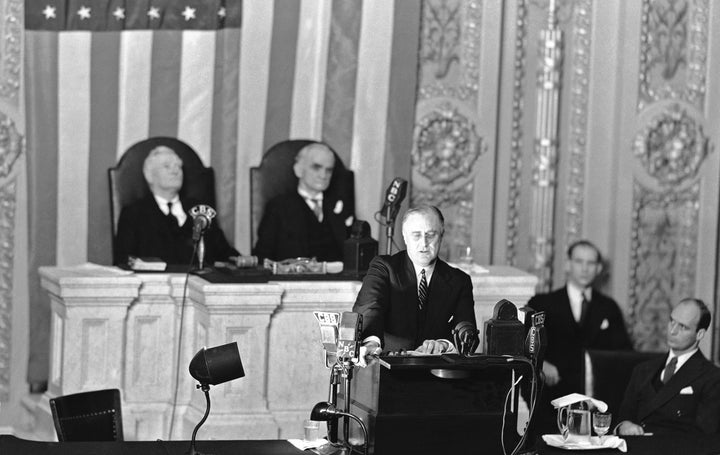 President Franklin D. Roosevelt addresses a joint session of Congress on Jan. 3, 1936, to defend the New Deal against financial and industrial critics.