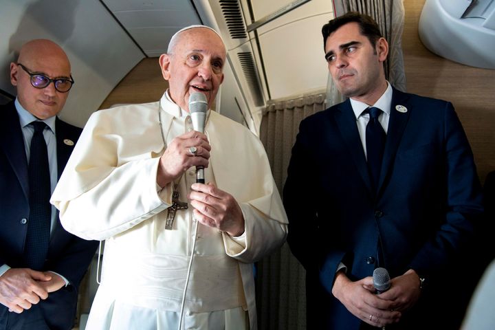 Pope Francis speaks during a news conference aboard a plane headed to Panama, January 23, 2019. Vatican Media via REUTERS THIS IMAGE HAS BEEN SUPPLIED BY A THIRD PARTY.