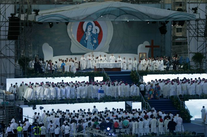 Priests celebrate mass during the opening ceremony of World Youth Day Panama 2019, in Panama City, Tuesday, Jan. 22, 2019. Pope Francis will visit Panama on Jan. 23-27.
