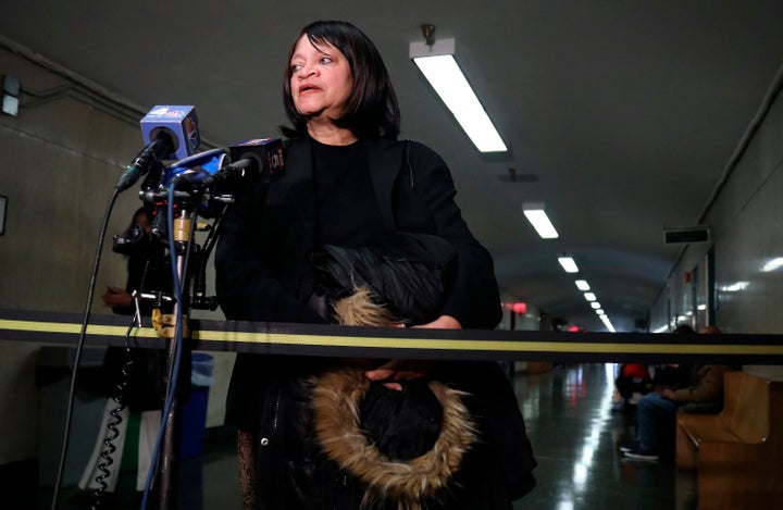 Portia Clark speaks during a press briefing after James Jackson pled guilty Wednesday Jan. 23, 2019 in New York, for the killing of her friend Timothy Caughman. 