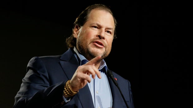 In this photo taken Tuesday, Oct. 30, 2018, Salesforce CEO Marc Benioff speaks at a SPUR luncheon in San Francisco. Benioff spoke about the responsibility of businesses and leaders to their local communities, including solving the homelessness crisis in San Francisco and beyond. Benioff supports a measure on San Francisco's Nov. 6 ballot would levy an extra tax on hundreds of the city's wealthiest companies to raise $300 million for homelessness and mental health services. SPUR is is a non-profit research, education, and advocacy organization focused on issues of planning and governance in San Francisco, San Jose and Oakland. (AP Photo/Eric Risberg)