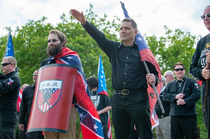 Demonstrators gather at a small neo-Nazi rally held in Georgia in April 2018.