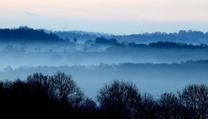 A view of the landscape on a frosty morning near Bodiam in in East Sussex, as the cold weather continues