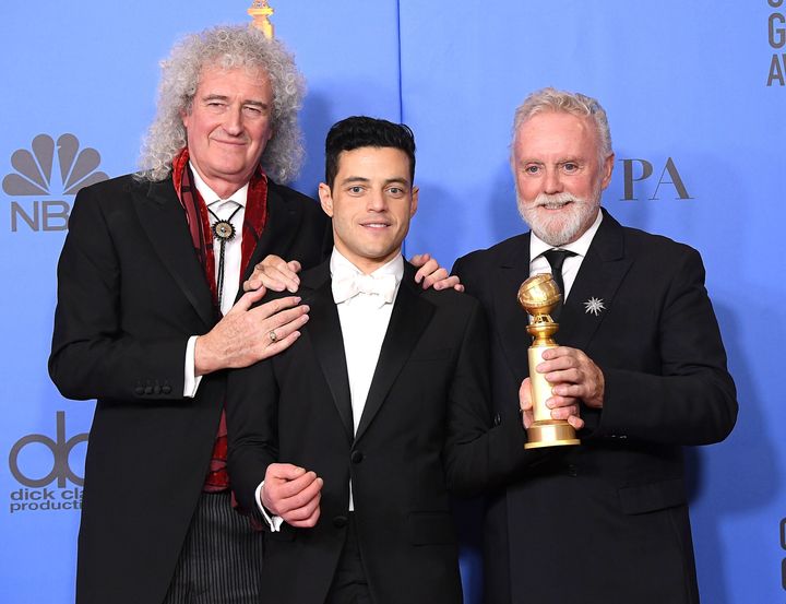 Brian May with 'Bohemian Rhapsody' star Rami Malek and drummer Roger Taylor