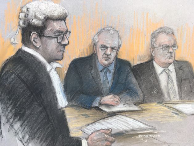 Court artist sketch by Elizabeth Cook of Hillsborough match commander David Duckenfield (centre) and former Sheffield Wednesday club secretary Graham Mackrell (right).